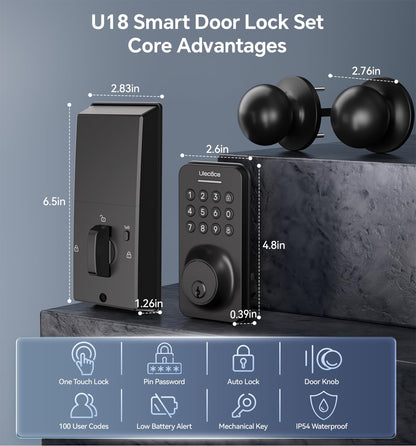 Keyless Entry Keypad Deadbolt with Handle Set, Smart Lock, Auto-Lock + One-Touch Lock, 100 Codes + 15-Min Easy Install, Ideal for Airbnb/Homes/Offices, Fits U.S. Standard Front Doors, Black