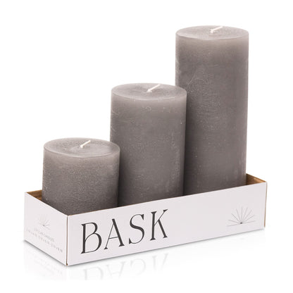 BASK Mottled Unscented Cool Grey Pillar Candles Set of 3 - Dripless Large Smokeless Pillar Candles for All Occasions