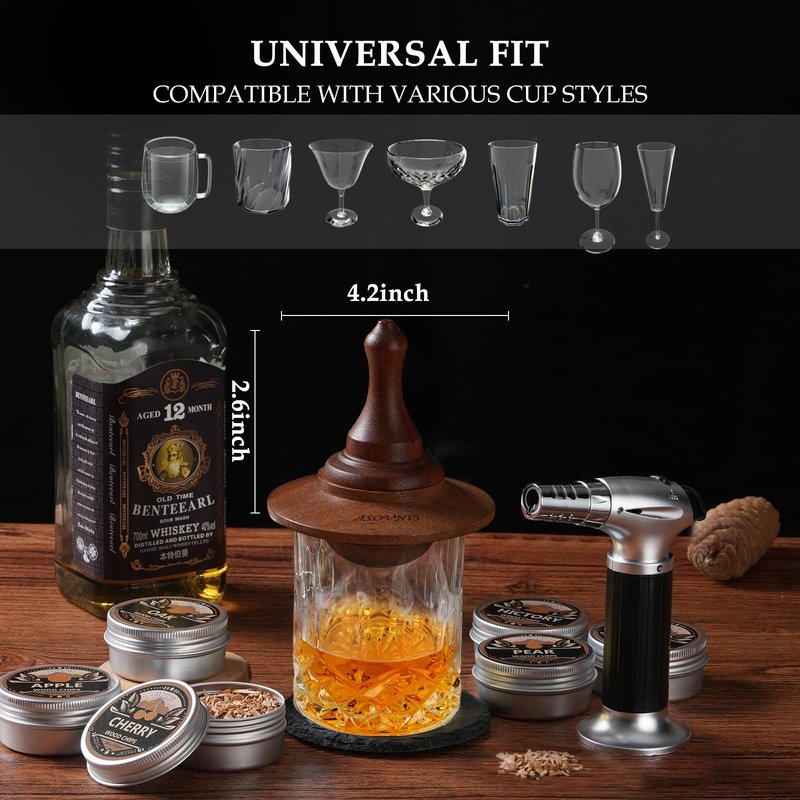 Whiskey Smoker Kit with Torch - 6 Flavors Wood Chips, 2 Glasses, Cocktail Smoker Infuser Kit, Old Fashioned Drink Smoker Kit, Birthday Valentine's Day Bourbon Whiskey Gifts for Men, Dad(No Butane)