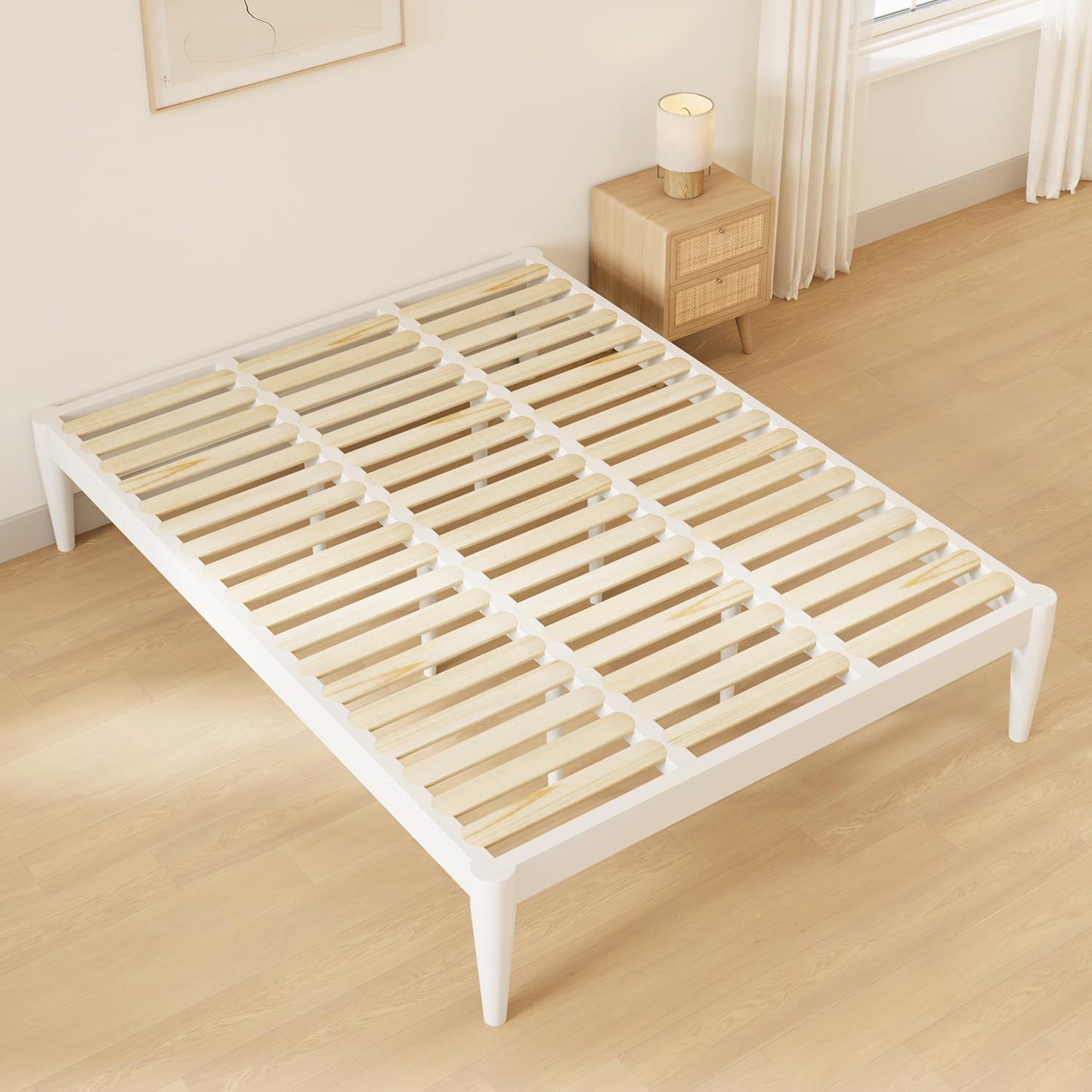 IOTXY Queen Platform Bed Frame - Solid Wood 16-Inch Height Mattress Foundation Base with Densely Slats and Heavy-Duty Support Legs, No Box Spring Needed, White