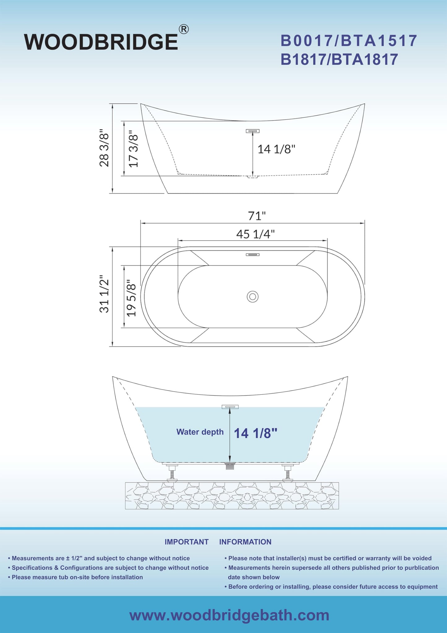 WOODBRIDGE 71"Freestanding White Acylic Soaking Bathtub with Brushed Gold Drain and Overflow,BTA1517 -BG-Drain &O
