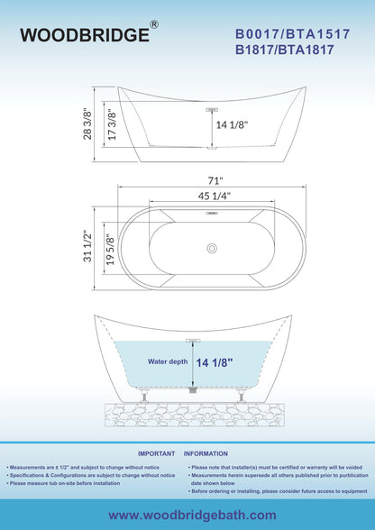 WOODBRIDGE BTA1517-BG-Drain &O Bathtub, Brushed Gold