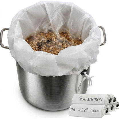 5 Pack Brew Bags, 250 Micron Brew in a Bag (BIAB) Grain Straining Bags with Drawstring, Heavy Duty Nylon Mesh Brewing Filter Bags for Beer, Wine, Cider & Cold Brew Coffee (26" x 22")