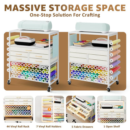 LUCKUP Organization and Storage Craft Table for Cricut Machines, Rolling Cart Cabinet with Extend Tabletop, 51 Vinyl Roll Holders, 5 Drawers & Heat Press Workstation