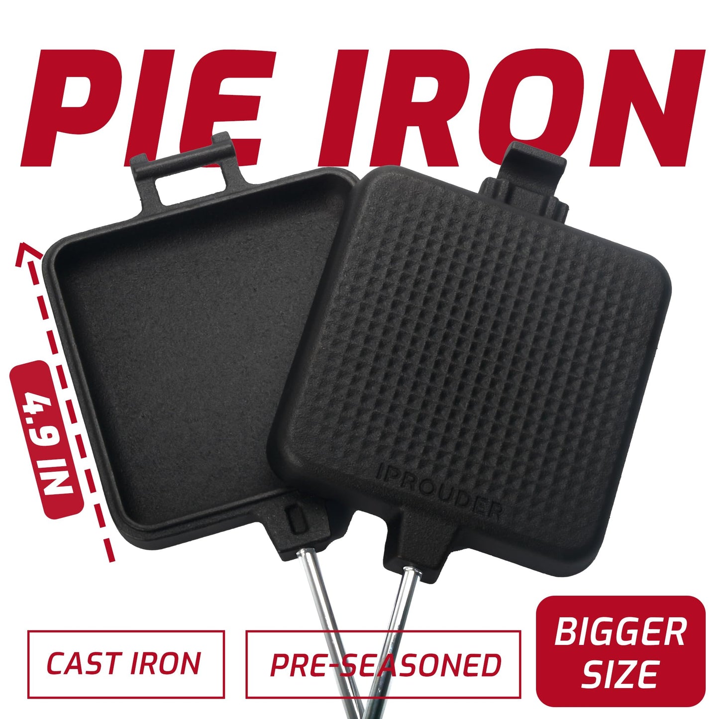IPROUDER Campfire Pie Iron 4.9" Large Cast Iron Sandwich Maker for Camping 4 Pcs with Storage Bag - 22.6 inch Thickened Handles - Campfire Cooking Equipment for Grilling & Outdoor Cooking