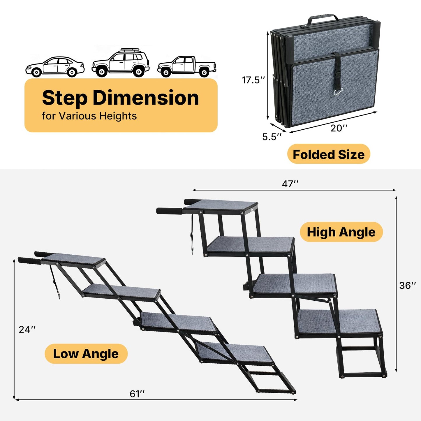 Veehoo Collapsible Dog Stairs for Large Dogs Extra Wide, 4 Steps Folding Dog Steps for Car Truck SUV 20" Wide, Heavy Duty Pet Loader Ramp Ladder Portable with Non Slip Surface, Support up to 200lbs