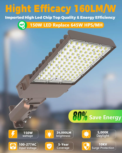 CLLIGHTING 150W Parking Lot Light: 160lm/W 5000K Arm & Slip Fitter Mount LED Parking Lot Lights for Outdoor - IP66 Waterproof Rating LED Pole Light for Driveway with 24000LM 1PACK
