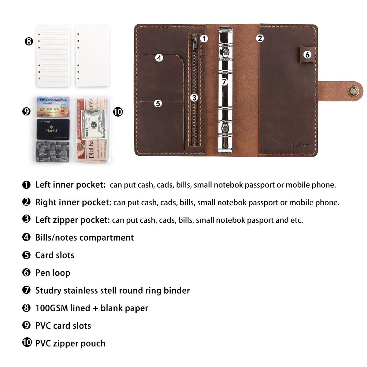 Leather Writing Journal Notebook Refillable, A6 Personal Size Traveler's Notebook with Pockets, 6 Ring Binder Planner Notebook with Pen Holder-BROWN