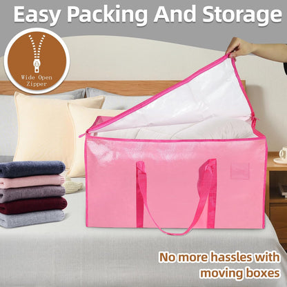 Skiennix Extra Large Heavy Duty Moving Bags - Waterproof Storage Totes with Handles & Zippers | Foldable for College Dorms (Pink)