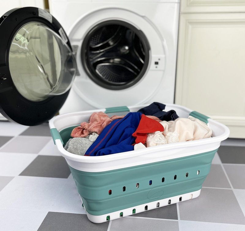 SAMMART 42L (11 gallon) Collapsible Plastic Laundry Basket - Foldable Pop Up Storage Container/Organizer - Space Saving Hamper/Basket (1, White/Celadon Green)