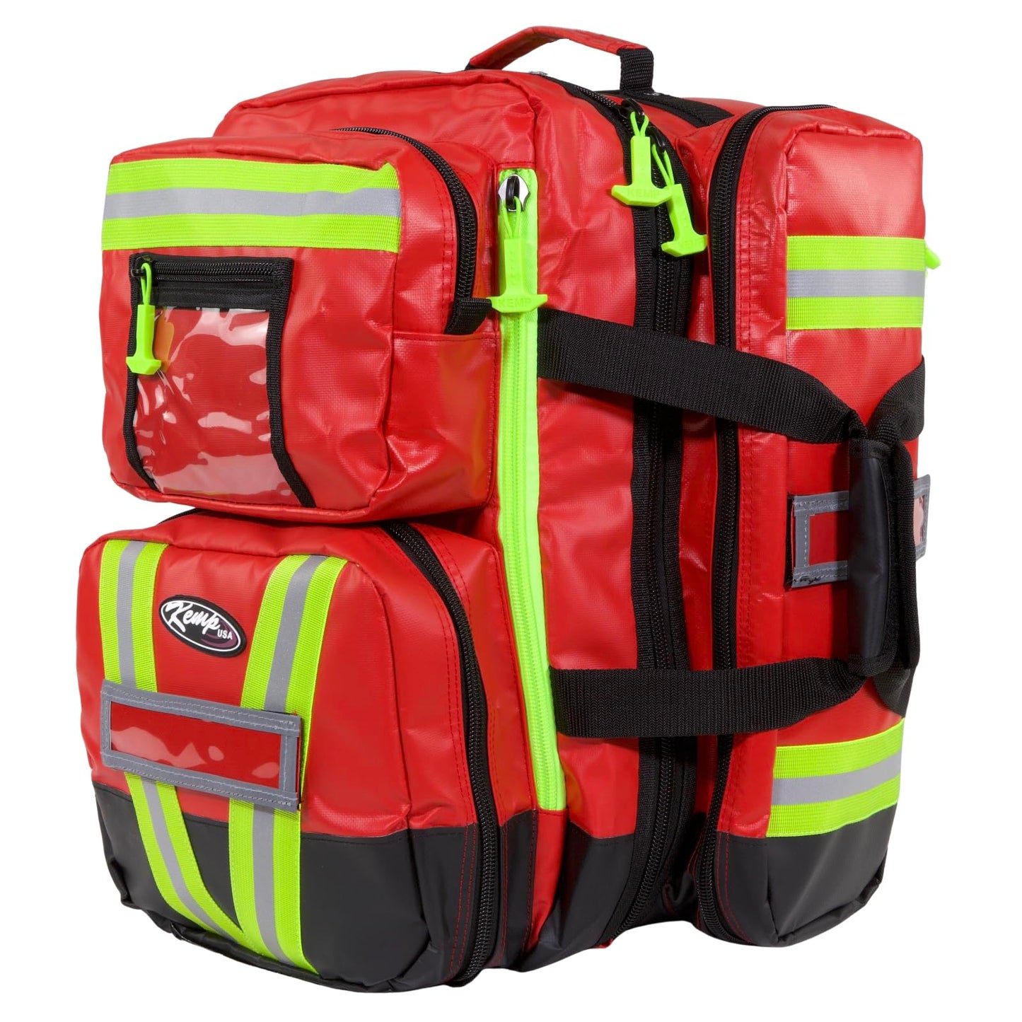 Kemp USA Heavy-Duty EMT Bag, Made with Fluid-Resistant Tarpaulin Material - Emergency Survival Kit with Room for D O2 Tank - Medical Backpack with Multiple Handles (Tarpaulin Fabric Red)