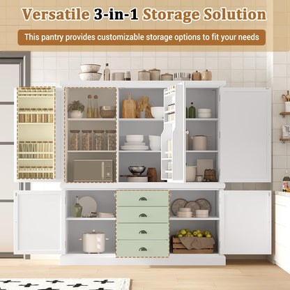 Merax 73'' Freestanding Wooden Kitchen Pantry Organizers and Storage Cabinet with 4 Drawers Cupboard with Door Adjustable Shelves for Dining Room, White