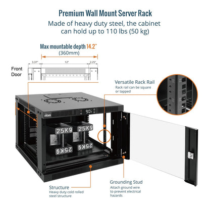 Tecmojo 6U Wall Mount Rack with Thermostat, 17.7inch Depth Enclosed Server Cabinet with 2 Cooling Fans,Lockable Door & Hardware,6U Rack for 19inch Equipments,Glass Door