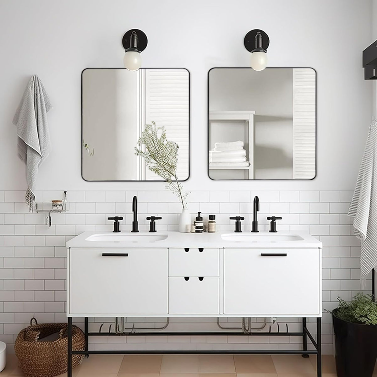 ANDY STAR Square Bathroom Mirror - 24”x24” Matte Black Metal Design with Rounded Corners | Versatile Hanging Options