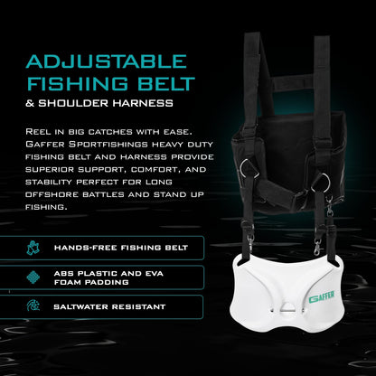 GAFFER SPORTFISHING Adjustable Fishing Belt & Shoulder Harness - Safety Buckle with Foam-Padded Straps Fish Rod Holder