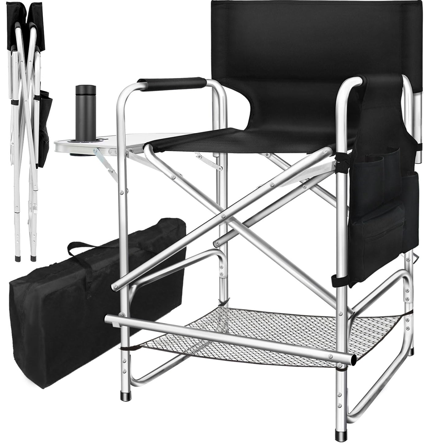 AQNIEGEP Makeup Chair for Makeup Artist 41" Tall Folding Directors Chair Makeup Artist Chair for Clients Directors Chair with Side Table Cup Holder Footrest Bags 400 lbs Load