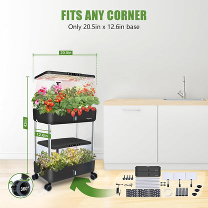44 Pod Hydroponic Indoor Garden System Black, 2 Tier Growing Kit with LED Grow Light, 10L Tank, Includes Seed Starter Kit