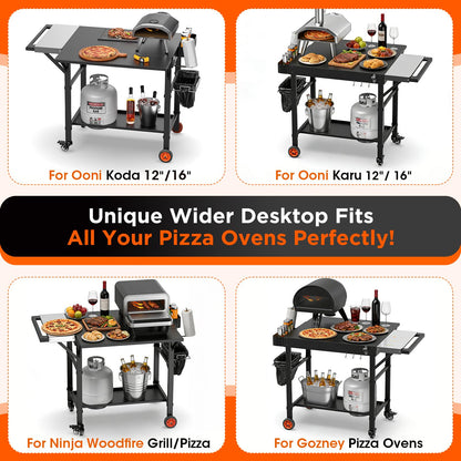 EUTRKei Pizza Oven Table with Topping Station - 45" x 29" Outdoor Grill Cart for Ooni, Ninja, Gozney, Solo Stove, Heavy Duty 450lbs Capacity, Grill Table with Extendable Desk for Tailgating Backyard