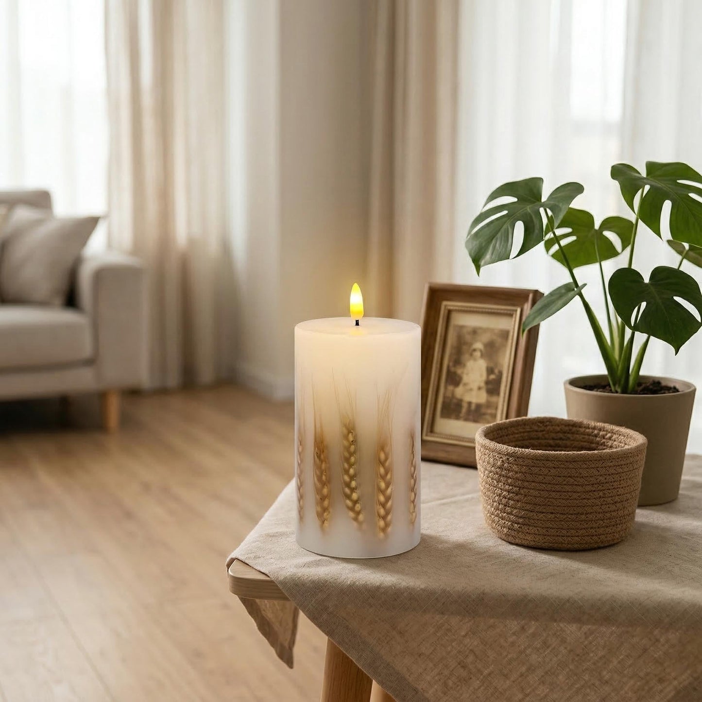 Remineux Flameless LED Candle with Embedded Natural Wheat, Battery-Operated Real Wax Pillar Candle, Flickering Flame Effect, Remote Control, Rustic Farmhouse Decor, Unscented, White (3.25 * 6in)