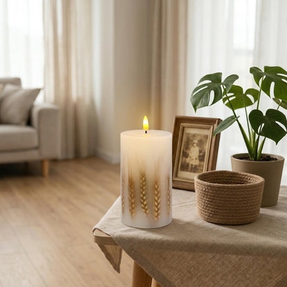 Remineux Flameless LED Candle with Embedded Natural Wheat, Battery-Operated Real Wax Pillar Candle, Flickering Flame Effect, Remote Control, Rustic Farmhouse Decor, Unscented, White (3.25 * 6in)