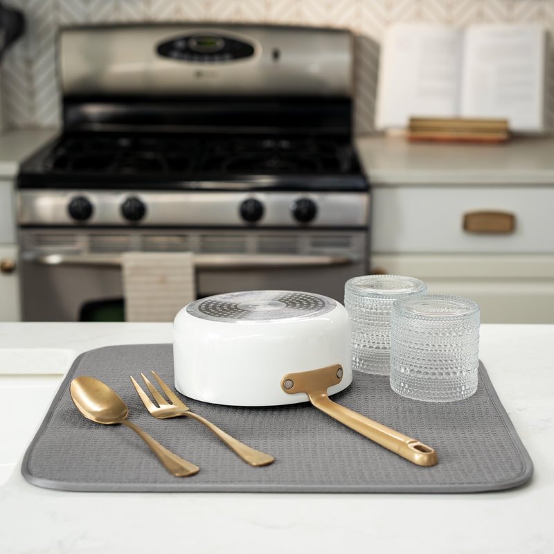 S&T INC. Dish Drying Mat, 16” x 18”, Absorbent Microfiber Kitchen Counter Mat, Dish Drying Pad for Dishes, Utensils, Pots and Pans, Large, Grey