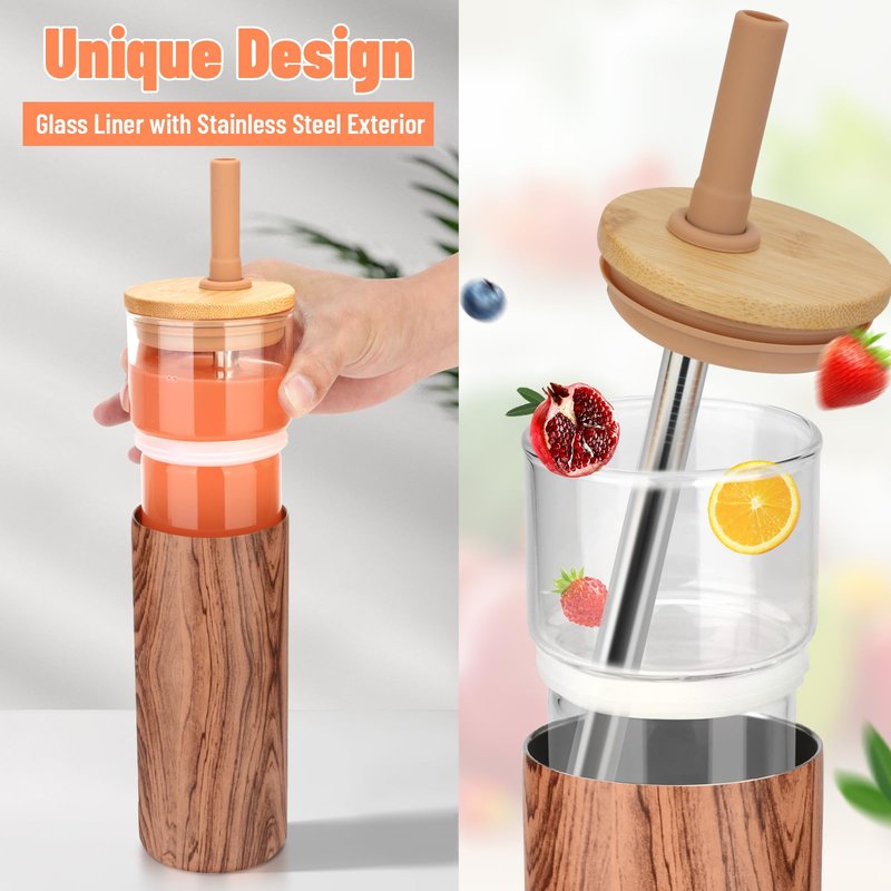 Tronco 20 oz Vacuum Insulated Glass Tumbler with Lid and Straw - Keeps Drinks Cold for 12 Hrs - Reusable Glass Cup for Iced Coffee, Smoothies & Boba - Sweat & BPA Free, Dishwasher Safe, Fit Car Holder