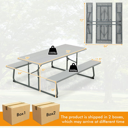 Tangkula 6 Ft Folding Picnic Table, Outdoor 8 Person Large Picnic Table Set with 2 Built-in Benches, Umbrella Hole, Metal Frame & HDPE Tabletop for Garden, Backyard (Grey)