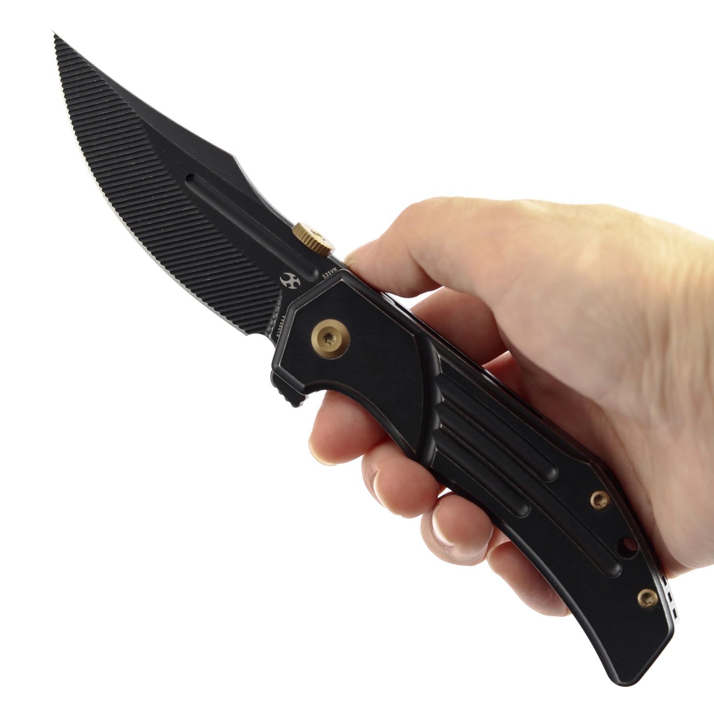 KANSEPT Orion Pocket Knife, 3.07" Blackwash S35VN Blade with Blood Groove and Black Titanium Handle Both Crafted with CNC Milling, Thumb Disk EDC Folding Knives for Camping, Hunting, Survival K1089A4