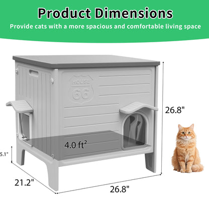 Rockever Outdoor Cat House for Summer, Elevated Waterproof Pet Shelter with Breathable Insulated Liner, Comfortable Outdoor Cat Home with Escape Door, All-Season Shelter for Cats (M,Grey&Heating Pad)