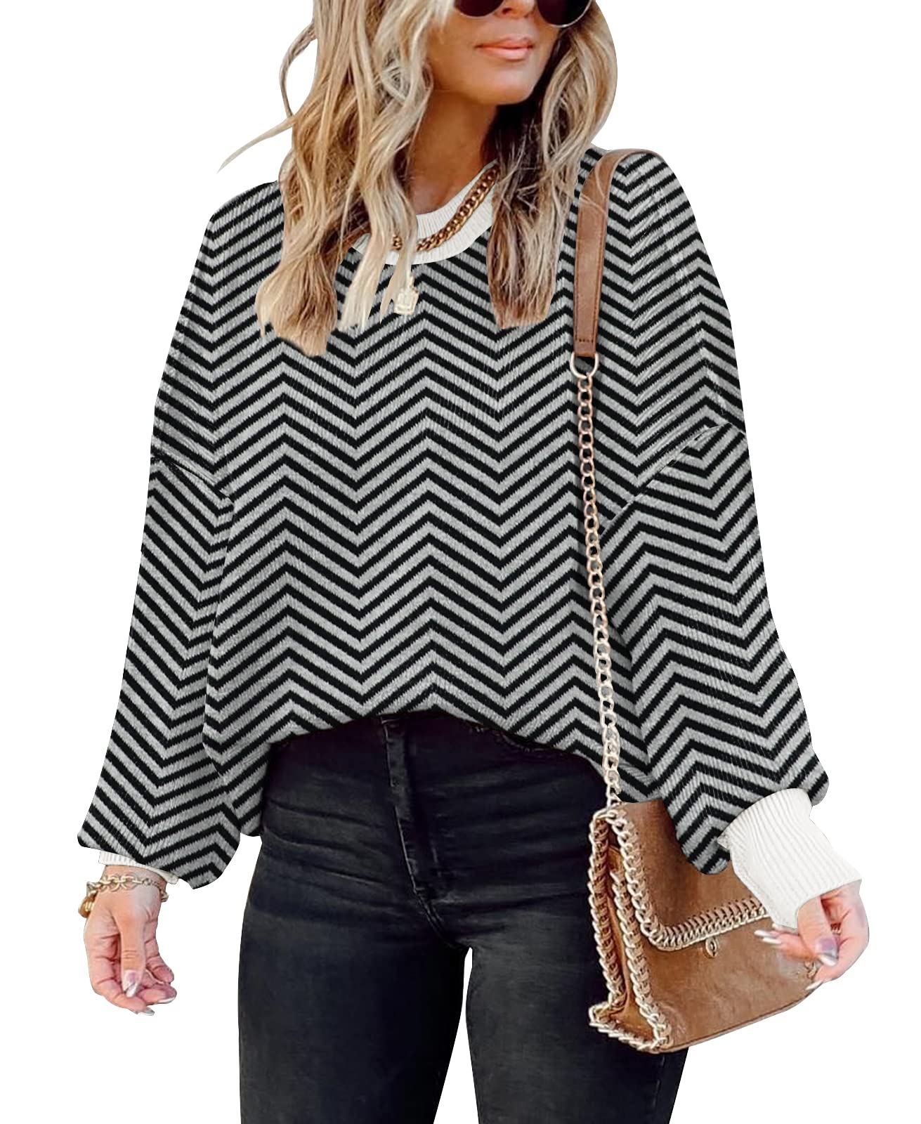 ETCYY Womens Oversized Sweaters Fall 2025 Fashion Clothes Trendy Batwing Sleeve Colorblock Striped Knit Pullover Tops