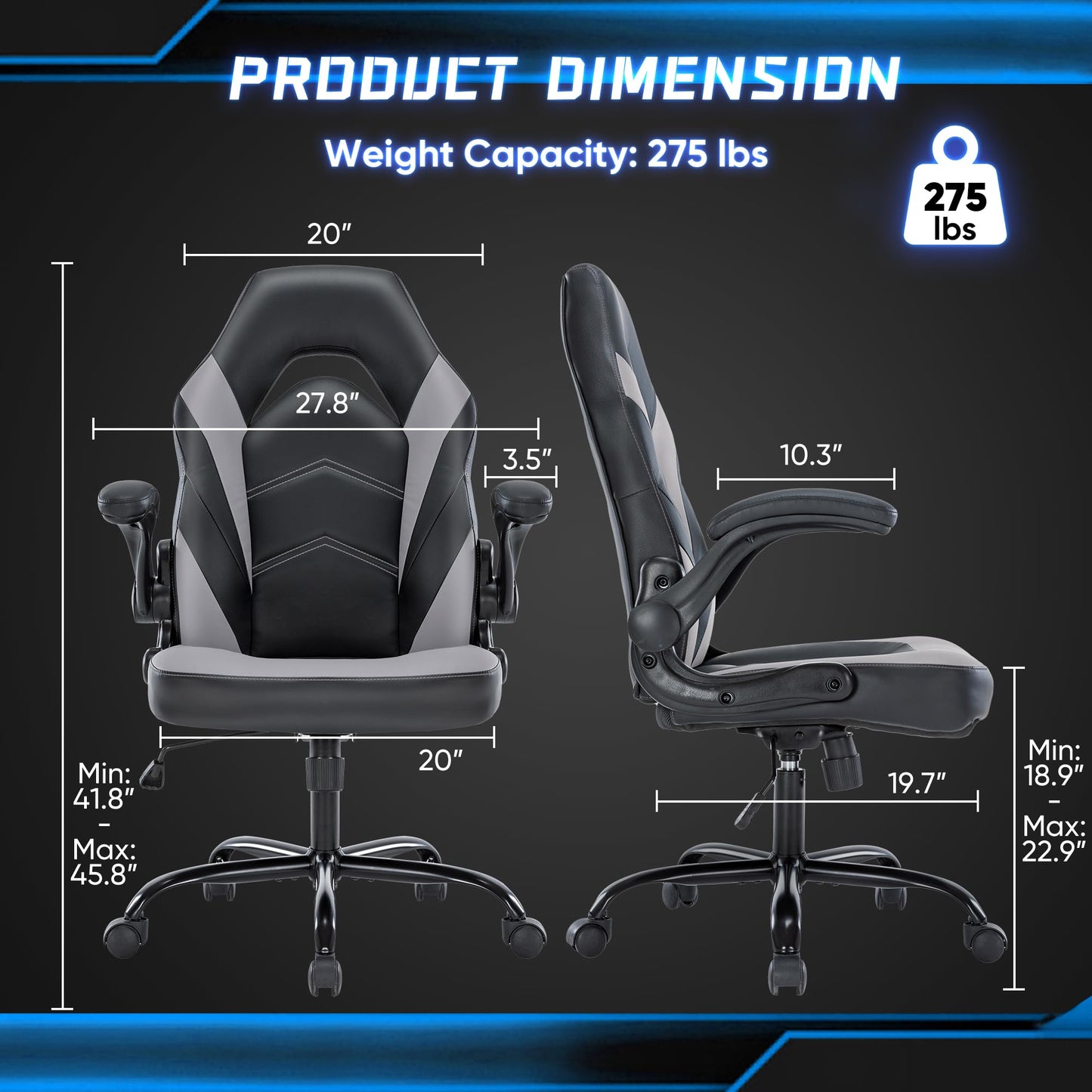 DUMOS Computer Game Desk Chair - Ergonomic PU Leather Lumbar Support, Height Adjustable High Back Video Game with Flip-up Armrest, Rolling Swivel for Adults, Grey