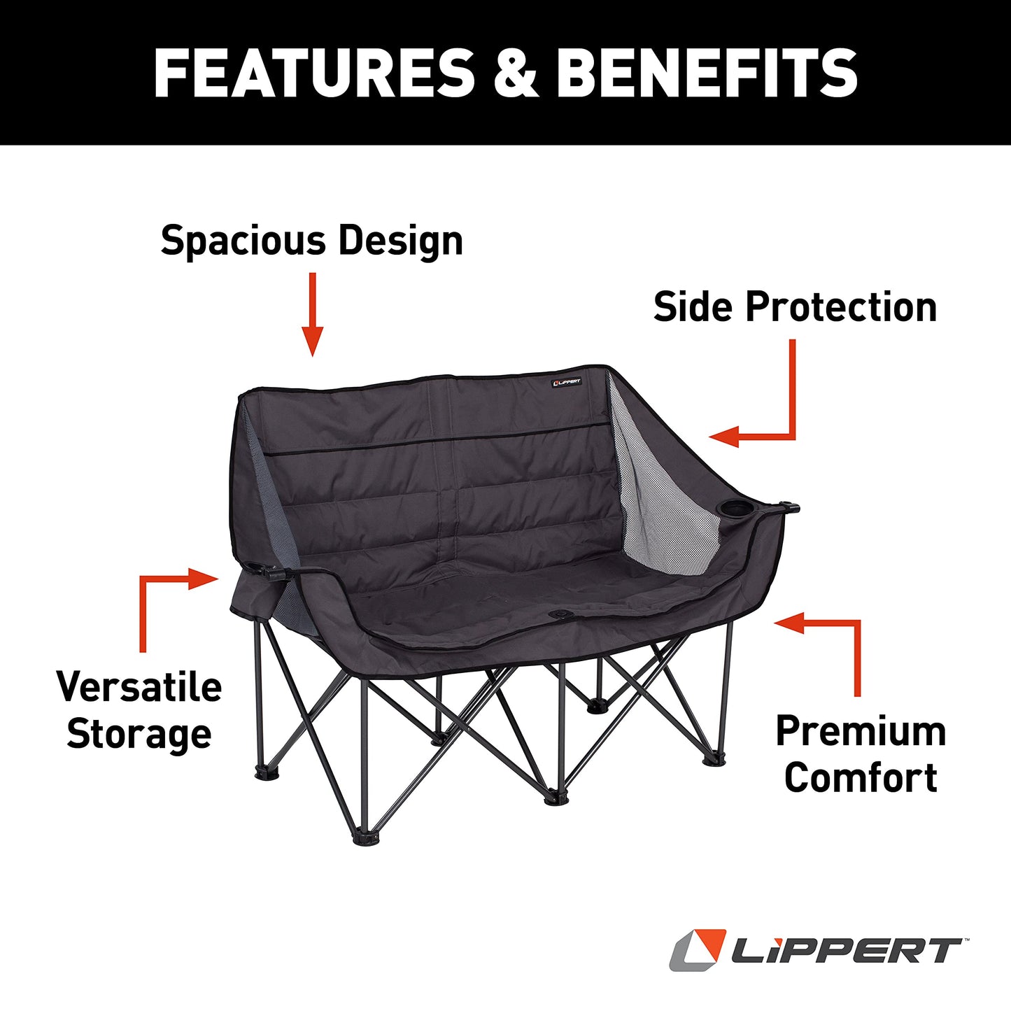 Lippert Campfire Folding Loveseat with 500-lb. Weight Capacity, Carry Bag, Durable Mesh Fabrics, High-Loft Cushioning, Storage Pocket, Dual Cupholders, Stemmed Wine Glass Holder (Grey) - 2021000206