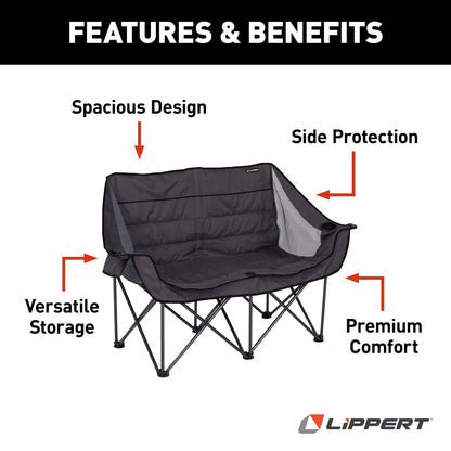Lippert Campfire Folding Loveseat with 500-lb. Weight Capacity, Carry Bag, Durable Mesh Fabrics, High-Loft Cushioning, Storage Pocket, Dual Cupholders, Stemmed Wine Glass Holder (Grey) - 2021000206
