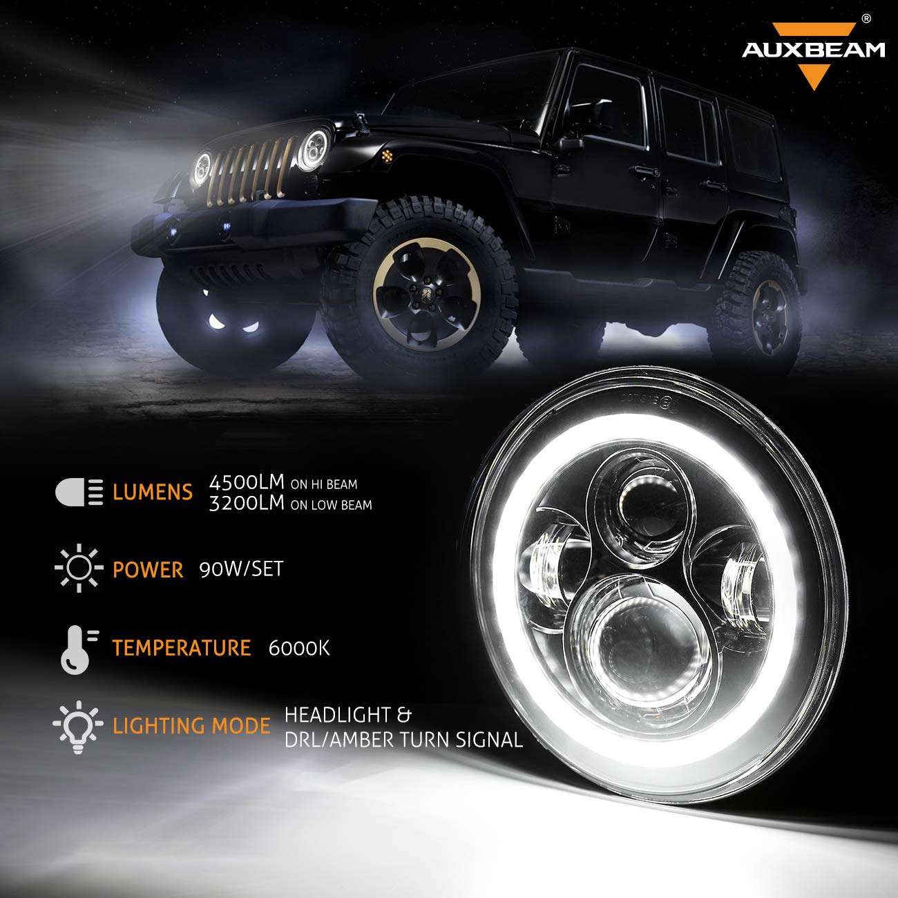 Auxbeam 7 Inch LED Headlights DOT Approved for 1997-2018 Jeep Wrangler JK JKU Unlimited TJ LJ CJ, 7" Round Headlamps for Rubicon Sport Sahara Peterbilt, H6024 Headlights w/DRL & Amber Turn Signal