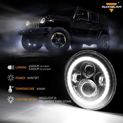 Auxbeam 7 Inch LED Headlights DOT Approved for 1997-2018 Jeep Wrangler JK JKU Unlimited TJ LJ CJ, 7" Round Headlamps for Rubicon Sport Sahara Peterbilt, H6024 Headlights w/DRL & Amber Turn Signal