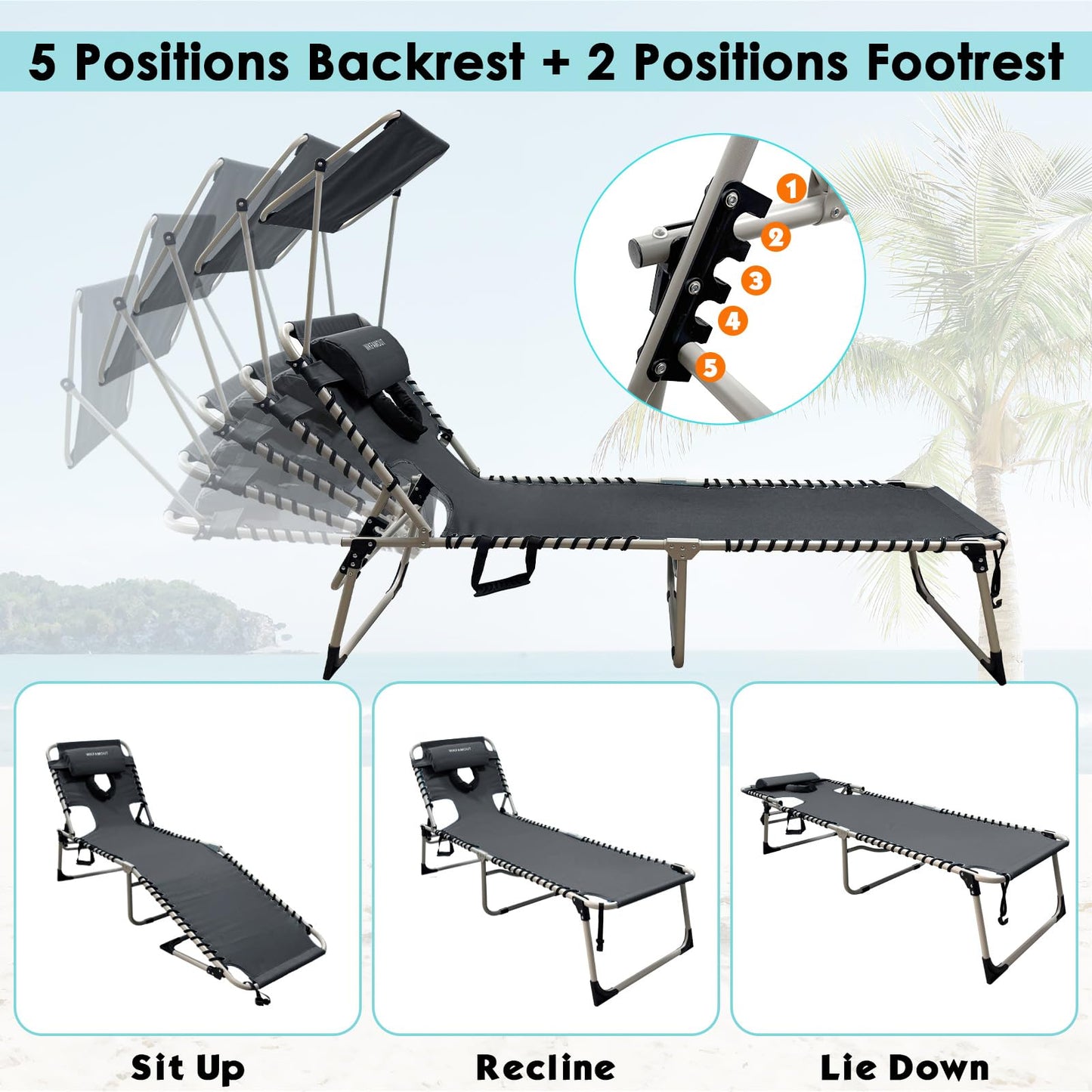 WKFAMOUT Outdoor Tanning Chair with Sun Canopy Shade & Face Hole, Folding Lounge Chair with Beach Table and Carry Bag for Poolside Sunbathing Lawn
