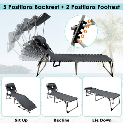 WKFAMOUT Outdoor Tanning Chair with Sun Canopy Shade & Face Hole, Folding Lounge Chair with Beach Table and Carry Bag for Poolside Sunbathing Lawn