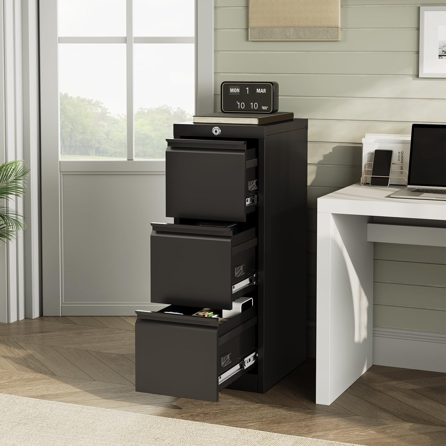 3-Drawer Locking Metal File Cabinet, Heavy-Duty Vertical Filing Cabinet with Anti-Tilt Security & Silent Slides, Fits Letter/Legal/A4/F4 Documents, Easy Assembly, Storage Organizer for Home Office