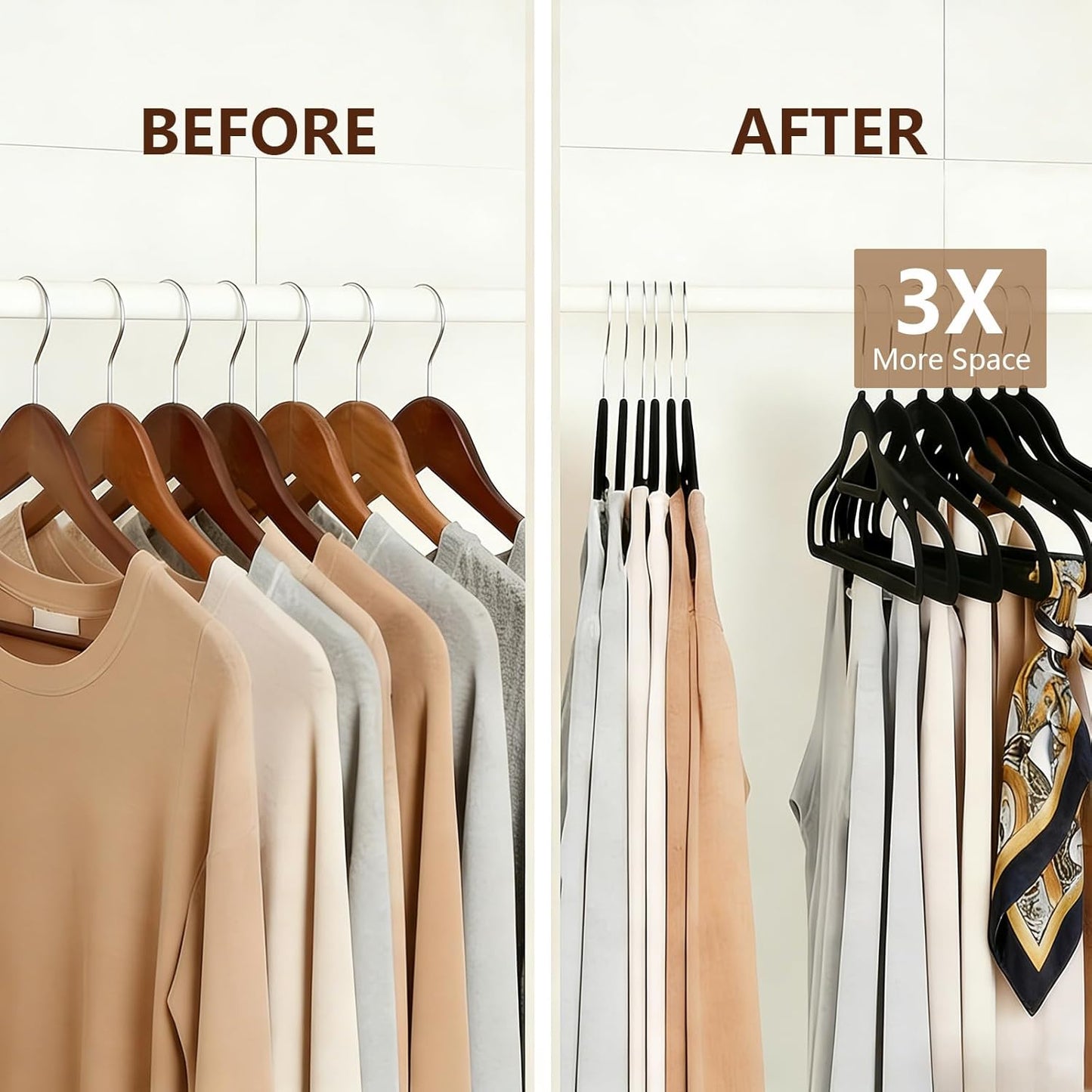 Skiennix Slim Non-Slip Black Velvet Hangers - Space-Saving Heavy Duty Felt with 360° Swivel Hooks | 50 Pack