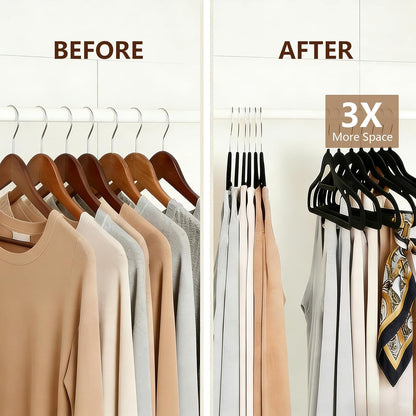 Skiennix Slim Non-Slip Black Velvet Hangers - Space-Saving Heavy Duty Felt with 360° Swivel Hooks | 50 Pack