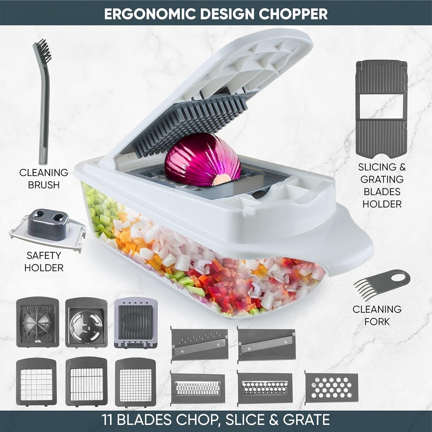 RüK Vegetable Chopper Slicer - 22-in-1 Multi-Function Mandoline Food Cutter with 11 Blades & Container