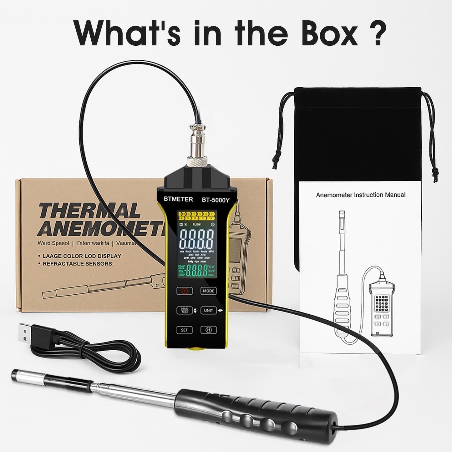 BTMETER Hot Wire Anemometer - CFM/CMM Digital Air Flow Meter, Wind Speed Meter Measure 0.2~67Mph, Thermal Anemometer with 360° Revolve Telescopic Probe for HVAC Duct Air Vent BT-5000Y