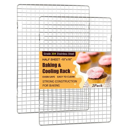 Cooling Racks for Cooking and Baking – 2 PCS 10" x 16" Heavy Duty 304 Stainless Steel Wire Rack, Oven & Dishwasher Safe Baking Cooling Rack for Grilling, Roasting – Fits Half Sheet Pan