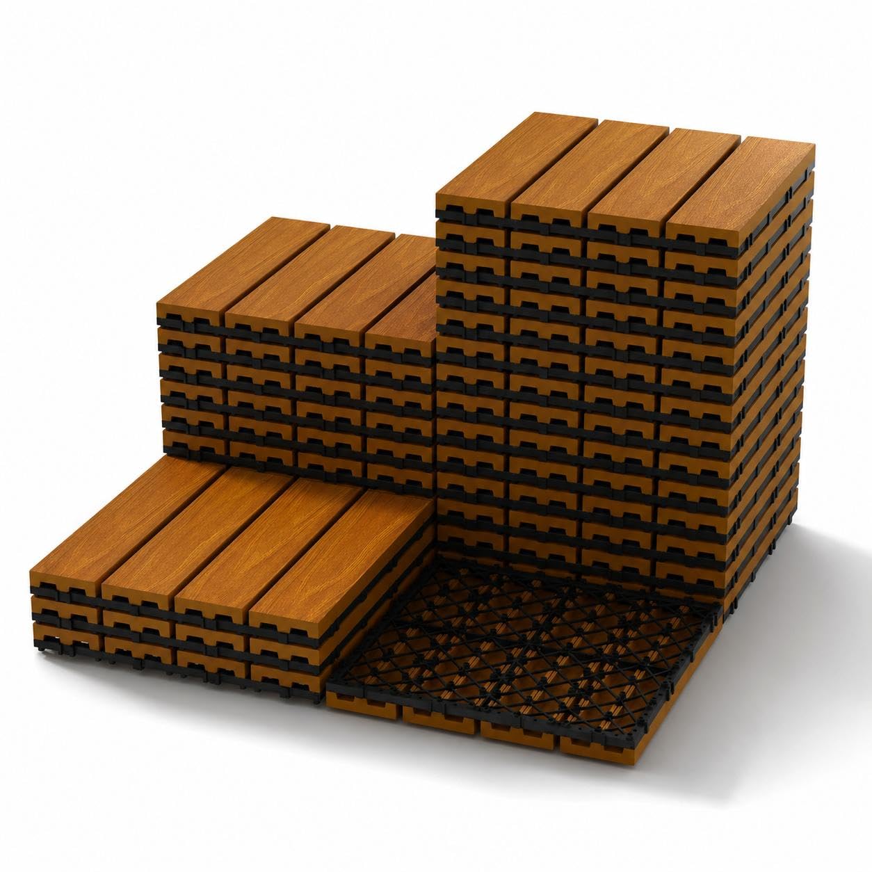 Waterproof Interlocking Composite Deck Tiles 12"X12" – Wood-Look Outdoor & Indoor Tiles for Patio, Balcony, Deck, Poolside & Wall Décor – All-Weather Snap-Together Flooring, Teak, 27 Pcs