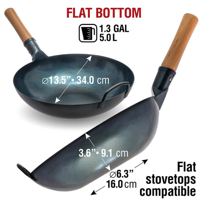 YOSUKATA Flat Bottom Wok Pan - 13.5" Blue Carbon Steel Wok With Lid 12.8 Inch - Premium Stainless Pan Cover with Tempered Glass Insert Steam Holes and Ergonomic Handle