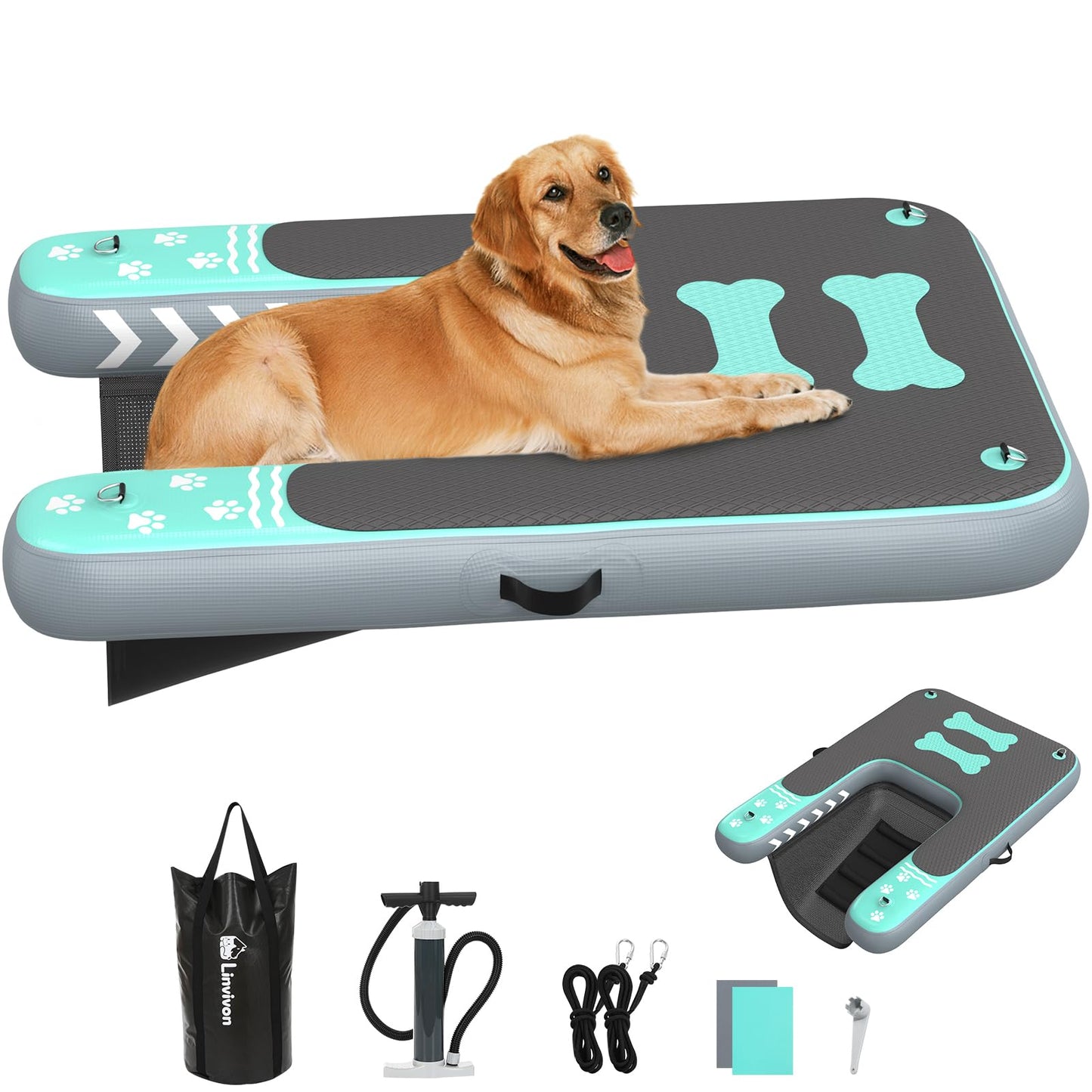Linvivon Inflatable Dog Boat Ramp for Dogs Up to 240 lbs, Inflatable Dock Floating Platform with Anti-Slip EVA Foam Safe & Easy Water Access, Dog Ramp for Boat, Pools, Lakes, Boats, Docks, Green