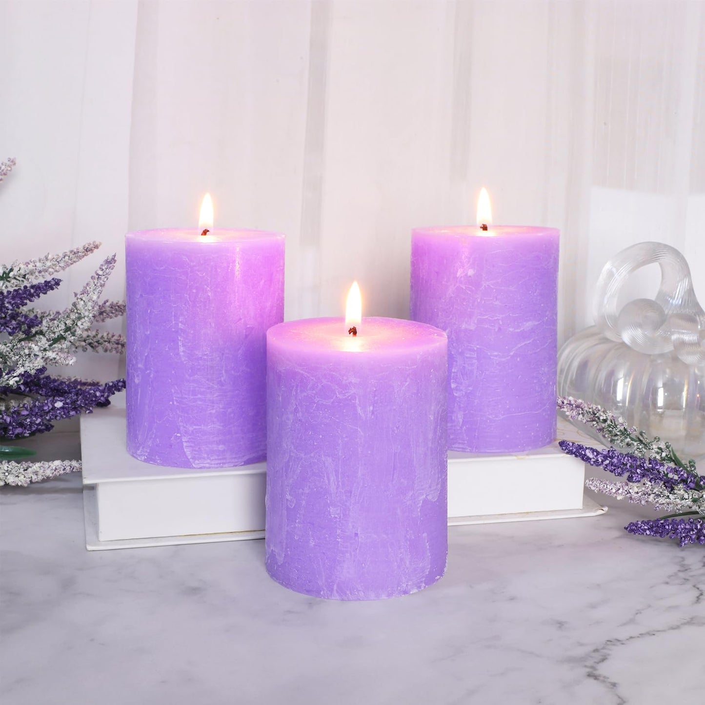 Cafemoon 3 Pack 3x4 Inch Lavender Scented Pillar Candles, Rustic Rough Textured Purple Candles, 35+ Hours Long Burning Smokeless Dripless for Home Decor Bathroom Shelf Dinner Party Spa Gift