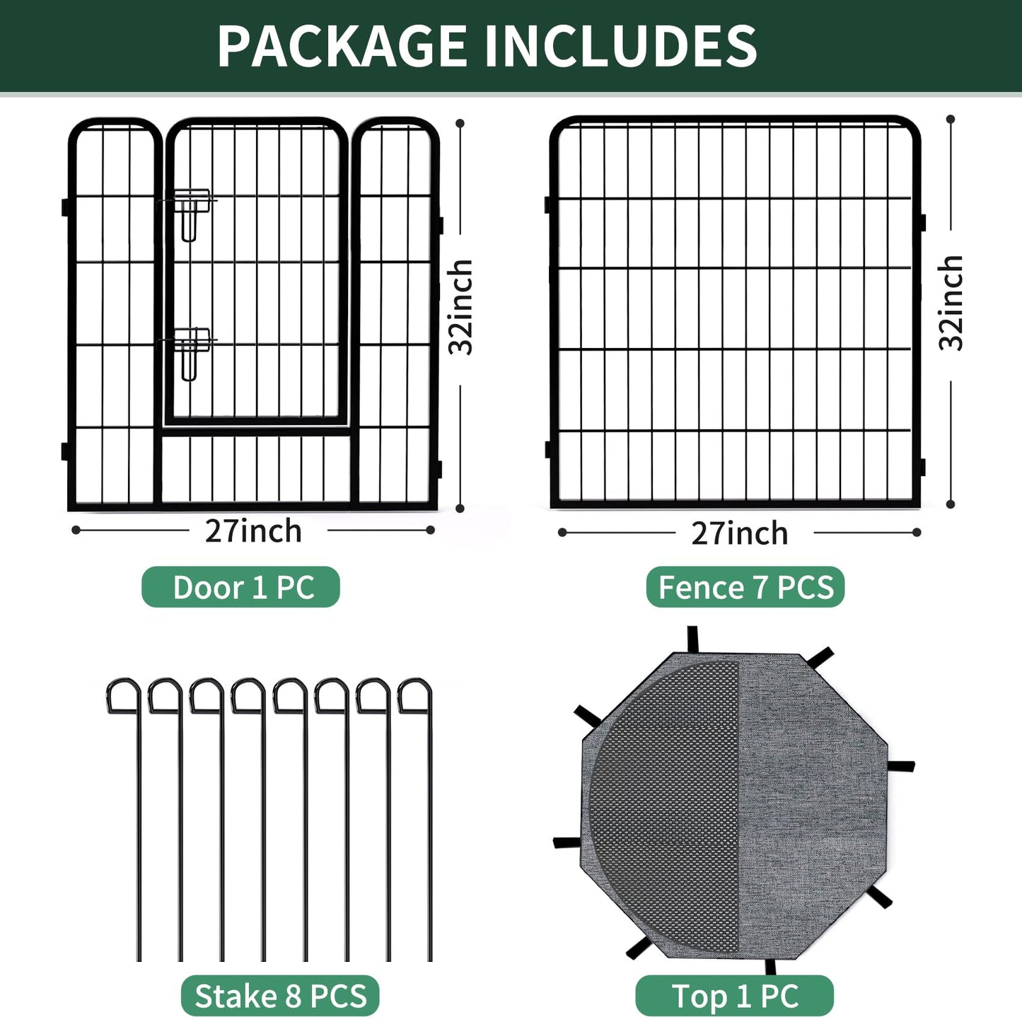 PETIME Dog Playpen,Metal Exercise Puppy Pen Heavy Duty Kennels Yard Fence Indoor/Outdoor 27" W x 32" H 8 Panels Dog Cage with Octagon Top Cover