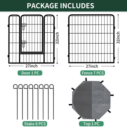 PETIME Dog Playpen,Metal Exercise Puppy Pen Heavy Duty Kennels Yard Fence Indoor/Outdoor 27" W x 32" H 8 Panels Dog Cage with Octagon Top Cover