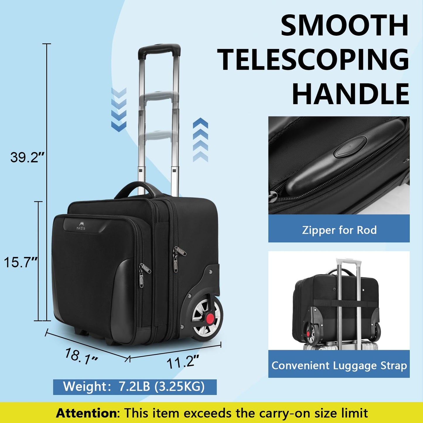 MATEIN Rolling Briefcase for Men, Large Rolling Laptop Bag with Big Wheels Fits 17.3 Inch Notebook for Travel Office Work, Water Resistant Roller Computer Case College Teacher Luggage Suitcase, Black